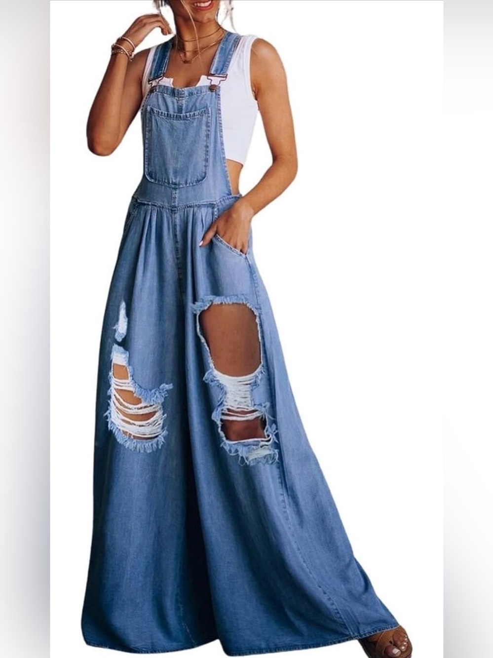 Light Blue Distressed Denim Wide-Leg Women's Overalls